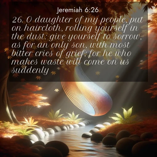 BBE Jeremiah 6:26 overlaying nature image scene: Autumn leaves spiral through shafts of light. A hidden stream provides gentle music.;26. O daughter of my people, put on haircloth, rolling yourself in the dust: give yourself to sorrow, as for an only son, with most bitter cries of grief; for he who makes waste will come on us suddenly.