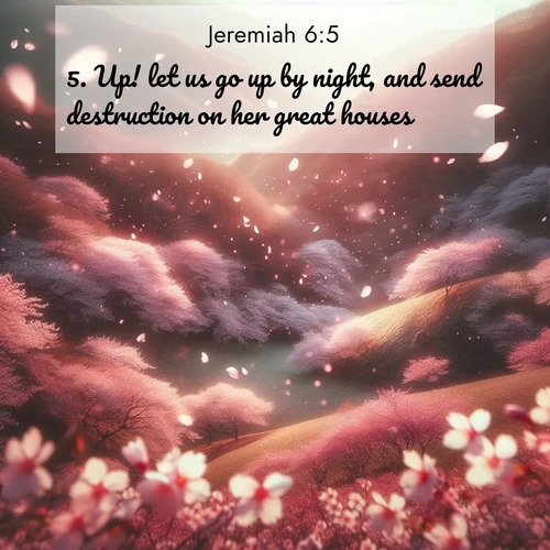 BBE Jeremiah 6:5 overlaying nature image scene: Cherry blossoms blanket the hillside in soft pink snow, swirling through the air like nature's confetti.;5. Up! let us go up by night, and send destruction on her great houses.