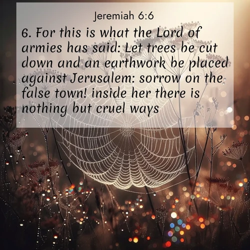 BBE Jeremiah 6:6 overlaying nature image scene: Morning fog reveals spider galaxies. Dew drops capture rainbow light.;6. For this is what the Lord of armies has said: Let trees be cut down and an earthwork be placed against Jerusalem: sorrow on the false town! inside her there is nothing but cruel ways.