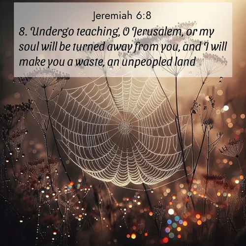 BBE Jeremiah 6:8 overlaying nature image scene: Morning fog reveals spider galaxies. Dew drops capture rainbow light.;8. Undergo teaching, O Jerusalem, or my soul will be turned away from you, and I will make you a waste, an unpeopled land.
