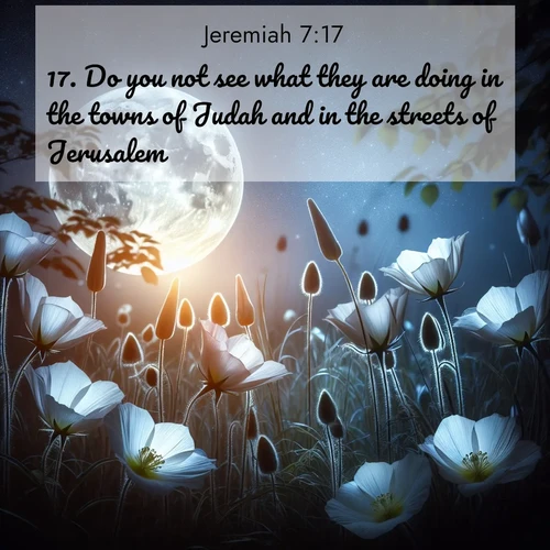 BBE Jeremiah 7:17 overlaying nature image scene: Moonflowers open to the rising full moon. Night insects hum in harmony.;17. Do you not see what they are doing in the towns of Judah and in the streets of Jerusalem?
