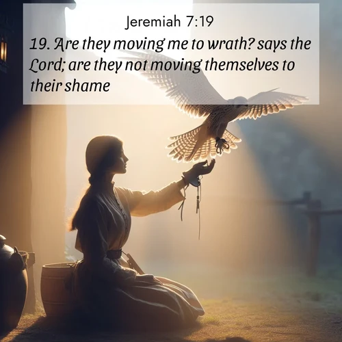 BasicEnglish Jeremiah  ; image nature: image with the bible verse :Are they moving me to wrath? says the Lord; are they not moving themselves to their shame? ; Discover beautiful Bible verse images that combine inspiring scripture with captivating nature photos. Download high-quality images featuring lush valleys, peaceful streams, and endless horizons like KJV Jeremiah 7:19. Current verse is overlayed with the thematic nature scene : A falconer releases his bird. Wind lifts magnificent wings. ; 7:19
