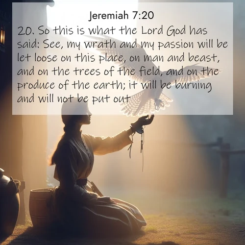 BBE Jeremiah 7:20 overlaying nature image scene: A falconer releases his bird. Wind lifts magnificent wings.;20. So this is what the Lord God has said: See, my wrath and my passion will be let loose on this place, on man and beast, and on the trees of the field, and on the produce of the earth; it will be burning and will not be put out.