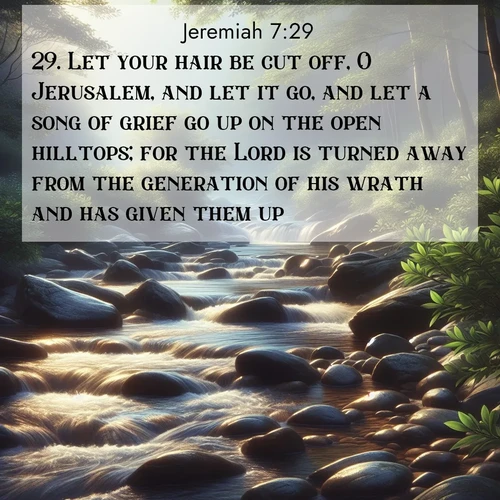 BBE Jeremiah 7:29 overlaying nature image scene: A mountain stream tumbles over smooth rocks between banks of mountain laurel.;29. Let your hair be cut off, O Jerusalem, and let it go, and let a song of grief go up on the open hilltops; for the Lord is turned away from the generation of his wrath and has given them up.