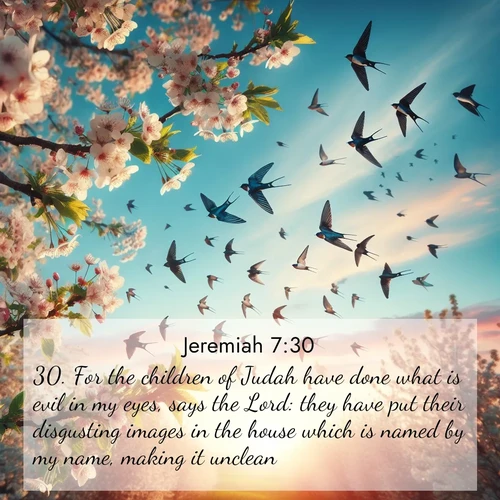 BBE Jeremiah 7:30 overlaying nature image scene: Spring migration fills the sky with countless swallows.;30. For the children of Judah have done what is evil in my eyes, says the Lord: they have put their disgusting images in the house which is named by my name, making it unclean.