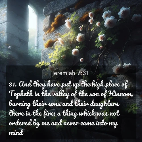BBE Jeremiah 7:31 overlaying nature image scene: Wild roses climb abandoned stone walls. Time stands still in the secret garden.;31. And they have put up the high place of Topheth in the valley of the son of Hinnom, burning their sons and their daughters there in the fire; a thing which was not ordered by me and never came into my mind.