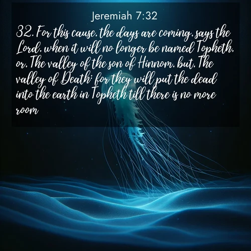 BBE Jeremiah 7:32 overlaying nature image scene: A lone jellyfish pulses through midnight waters. Its bioluminescent tendrils paint trails of azure light in the depths.;32. For this cause, the days are coming, says the Lord, when it will no longer be named Topheth, or, The valley of the son of Hinnom, but, The valley of Death: for they will put the dead into the earth in Topheth till there is no more room.