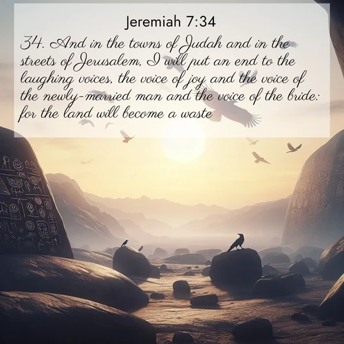 BBE Jeremiah 7:34 overlaying nature image scene: Desert petroglyphs tell ancient stories. Ravens soar past wearing shadows for wings.;34. And in the towns of Judah and in the streets of Jerusalem, I will put an end to the laughing voices, the voice of joy and the voice of the newly-married man and the voice of the bride: for the land will become a waste.