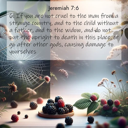 BBE Jeremiah 7:6 overlaying nature image scene: Wild blackberries ripen in secret hollows. Morning spider webs catch dew like diamonds.;6. If you are not cruel to the man from a strange country, and to the child without a father, and to the widow, and do not put the upright to death in this place, or go after other gods, causing damage to yourselves:
