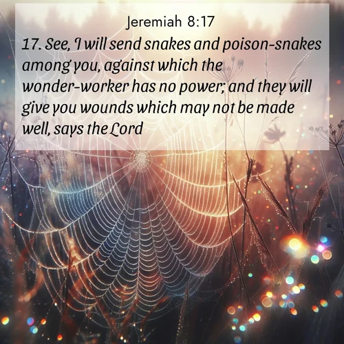 BBE Jeremiah 8:17 overlaying nature image scene: Morning fog reveals spider web galaxies. Dew drops catch rainbow light.;17. See, I will send snakes and poison-snakes among you, against which the wonder-worker has no power; and they will give you wounds which may not be made well, says the Lord.