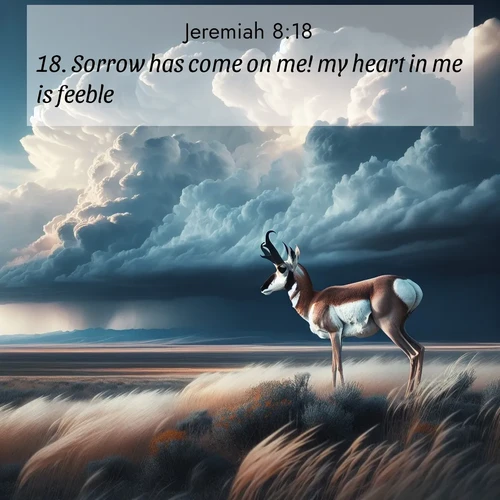 BBE Jeremiah 8:18 overlaying nature image scene: A pronghorn pauses on wind-swept plains. Storm clouds build dark towers above.;18. Sorrow has come on me! my heart in me is feeble.