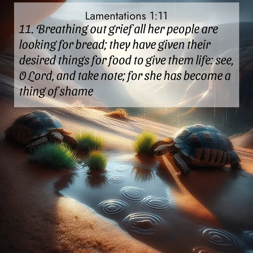 BasicEnglish Lamentations  ; image nature: image with the bible verse :Breathing out grief all her people are looking for bread; they have given their desired things for food to give them life: see, O Lord, and take note; for she has become a thing of shame. ; Explore serene Bible verse images adorned with photos of divine creation—tranquil beaches, snowy mountains, and starry skies. Each image is free to download and share. Verses include KJV Lamentations 1:11. Current verse is overlayed with the thematic nature scene : Desert tortoises emerge after summer rains. Thunder echoes through hidden canyons. ; 1:11