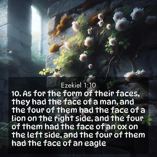 BasicEnglish Ezekiel  ; image nature: image with the bible verse :As for the form of their faces, they had the face of a man, and the four of them had the face of a lion on the right side, and the four of them had the face of an ox on the left side, and the four of them had the face of an eagle. ; Browse beautiful Bible verse images accompanied by peaceful scenes like calm seas, ancient forests, and radiant horizons. Download high-quality, free images featuring verses such as KJV Ezekiel 1:10. Current verse is overlayed with the thematic nature scene : Wild roses climb abandoned stone walls. Time stands still in the secret garden. ; 1:10