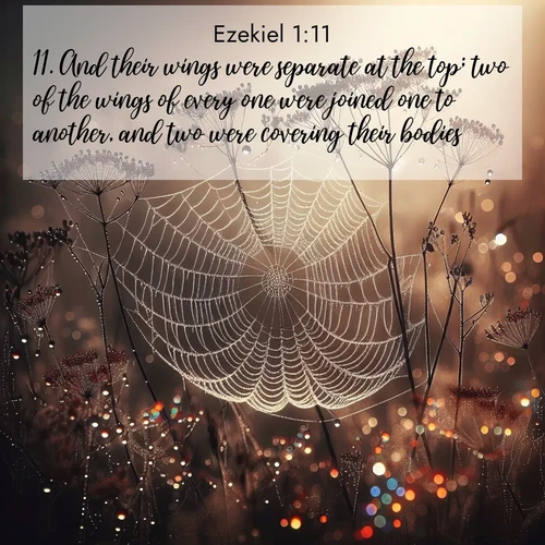 BasicEnglish Ezekiel  ; image nature: image with the bible verse :And their wings were separate at the top; two of the wings of every one were joined one to another, and two were covering their bodies. ; Browse a gallery of Bible verses paired with summer scenes, such as golden wheat fields, bright skies, and sunny beaches. These images convey the joy and warmth of God&#039;s creation. Download and share verses like KJV Ezekiel 1:11. Current verse is overlayed with the thematic nature scene : Morning fog reveals spider galaxies. Dew drops capture rainbow light. ; 1:11