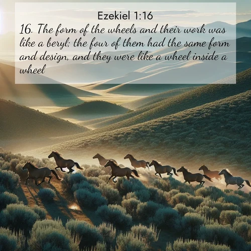 BasicEnglish Ezekiel  ; image nature: image with the bible verse :The form of the wheels and their work was like a beryl; the four of them had the same form and design, and they were like a wheel inside a wheel. ; Discover Bible images capturing the essence of autumn, with wooded paths, golden fields, and swirling leaves. These scenes reflect the changing beauty of God&#039;s creation. Download verses like KJV Ezekiel 1:16. Current verse is overlayed with the thematic nature scene : Wild mustangs gallop across sage-covered hills in the morning light. ; 1:16