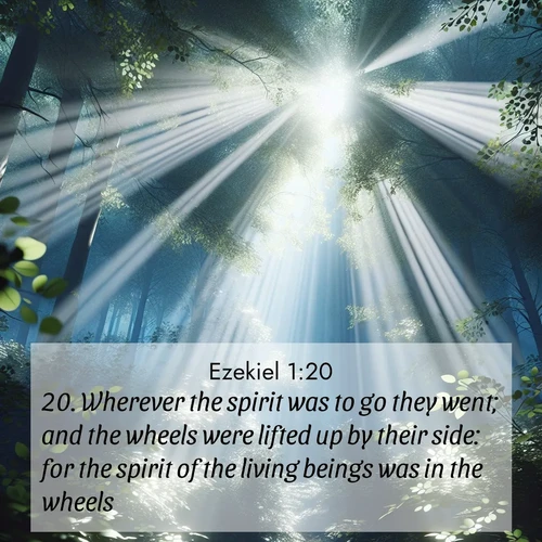 BasicEnglish Ezekiel  ; image nature: image with the bible verse :Wherever the spirit was to go they went; and the wheels were lifted up by their side: for the spirit of the living beings was in the wheels. ; Explore a rich collection of Bible verse images beautifully illustrated by natural landscapes, such as colorful skies, towering mountains, and tranquil rivers. The images highlight the serenity of God&#039;s creation with vivid tones and carefully chosen typography. Download and share inspiring verses like KJV Ezekiel 1:20. Current verse is overlayed with the thematic nature scene : Summer light filters through forest canopy like stained glass. ; 1:20