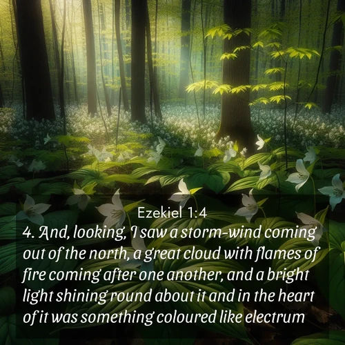 BasicEnglish Ezekiel  ; image nature: image with the bible verse :And, looking, I saw a storm-wind coming out of the north, a great cloud with flames of fire coming after one another, and a bright light shining round about it and in the heart of it was something coloured like electrum. ; Discover our unique collection of Bible verse images integrated with photos showcasing the majesty of nature, such as rocky mountains, ancient trees, and crystal-clear lakes. These images feature luminous colors and text in varied fonts, reflecting the harmony of God&#039;s creation. Download verses like KJV Ezekiel 1:4. Current verse is overlayed with the thematic nature scene : Wild trillium carpets the forest floor. Sunlight filters green through new spring leaves. ; 1:4