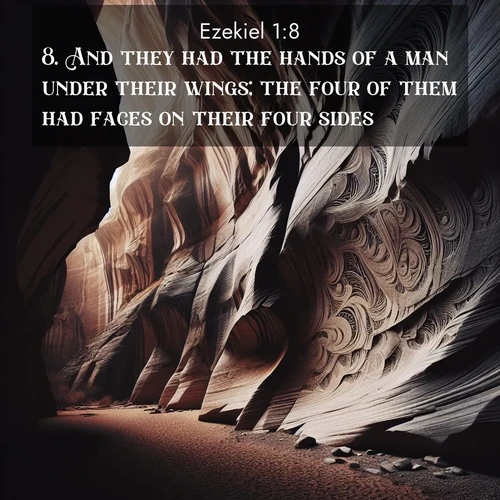 BasicEnglish Ezekiel  ; image nature: image with the bible verse :And they had the hands of a man under their wings; the four of them had faces on their four sides. ; Explore serene Bible verse images adorned with photos of divine creation—tranquil beaches, snowy mountains, and starry skies. Each image is free to download and share. Verses include KJV Ezekiel 1:8. Current verse is overlayed with the thematic nature scene : Desert varnish stains canyon walls. Ancient stories weather in stone. ; 1:8