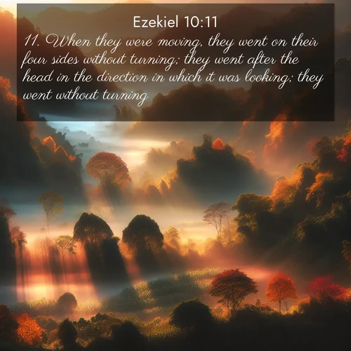BasicEnglish Ezekiel  ; image nature: image with the bible verse :When they were moving, they went on their four sides without turning; they went after the head in the direction in which it was looking; they went without turning. ; Discover Bible images adorned with spring landscapes, like tulip fields, cherry blossoms, and green hills. These bright scenes symbolize God&#039;s renewal and grace. Download verses like KJV Ezekiel 10:11. Current verse is overlayed with the thematic nature scene : Autumn mist rises from warming morning valleys. ; 10:11