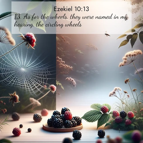 BasicEnglish Ezekiel  ; image nature: image with the bible verse :As for the wheels, they were named in my hearing, the circling wheels. ; Discover Bible images capturing the essence of autumn, with wooded paths, golden fields, and swirling leaves. These scenes reflect the changing beauty of God&#039;s creation. Download verses like KJV Ezekiel 10:13. Current verse is overlayed with the thematic nature scene : Wild blackberries ripen in secret hollows. Morning spider webs catch dew like diamonds. ; 10:13