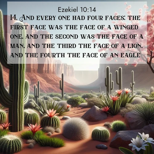 BasicEnglish Ezekiel  ; image nature: image with the bible verse :And every one had four faces: the first face was the face of a winged one, and the second was the face of a man, and the third the face of a lion, and the fourth the face of an eagle. ; Explore serene Bible verse images adorned with photos of divine creation—tranquil beaches, snowy mountains, and starry skies. Each image is free to download and share. Verses include KJV Ezekiel 10:14. Current verse is overlayed with the thematic nature scene : Desert cacti burst with spring blooms against red sandstone formations. ; 10:14