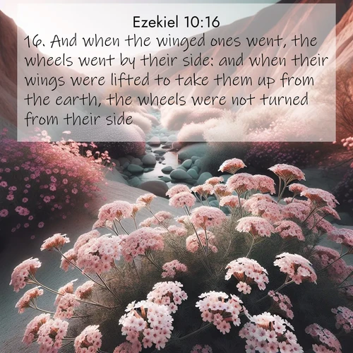 BasicEnglish Ezekiel  ; image nature: image with the bible verse :And when the winged ones went, the wheels went by their side: and when their wings were lifted to take them up from the earth, the wheels were not turned from their side. ; Discover a unique collection of Bible verses adorned with winter landscapes, such as snow-covered forests, gently falling snowflakes, and pristine mountains. These images evoke the peace and purity of God&#039;s creation. Share verses like KJV Ezekiel 10:16. Current verse is overlayed with the thematic nature scene : Desert verbena blooms in hidden washes. Flash floods carved these secret gardens. ; 10:16
