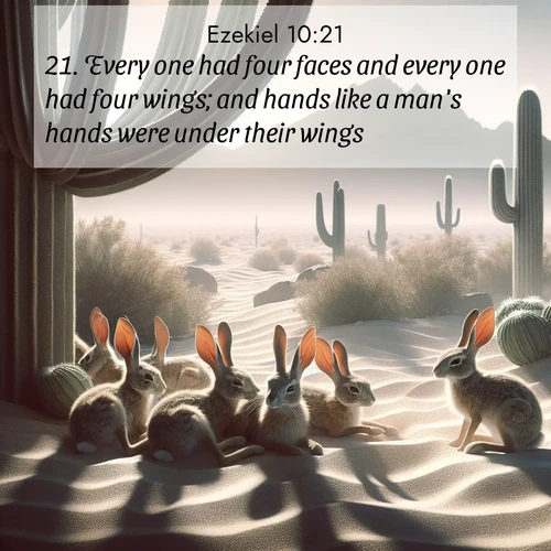 BasicEnglish Ezekiel  ; image nature: image with the bible verse :Every one had four faces and every one had four wings; and hands like a man&#039;s hands were under their wings. ; Download Bible verse images paired with breathtaking nature photos like golden deserts, shimmering seas, and blossoming orchards. These high-quality, free images are perfect for wallpapers or sharing. Verses include KJV Ezekiel 10:21. Current verse is overlayed with the thematic nature scene : Desert jackrabbits rest in cactus shade. Heat waves distort distant peaks. ; 10:21
