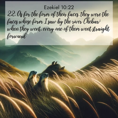BasicEnglish Ezekiel  ; image nature: image with the bible verse :As for the form of their faces, they were the faces whose form I saw by the river Chebar; when they went, every one of them went straight forward. ; Discover beautiful Bible verse images enriched with natural landscapes, from serene beaches to cascading waterfalls. All images are free and ready to download. Share verses such as KJV Ezekiel 10:22. Current verse is overlayed with the thematic nature scene : Mountain meadow grasses bend in wind. Marmots whistle from rocky outcrops. ; 10:22