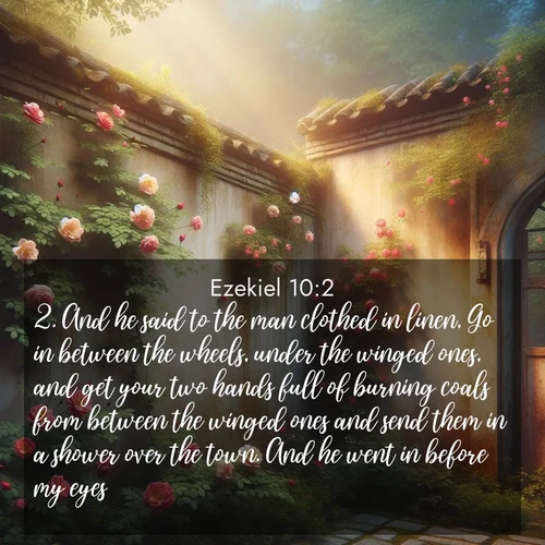 BasicEnglish Ezekiel  ; image nature: image with the bible verse :And he said to the man clothed in linen, Go in between the wheels, under the winged ones, and get your two hands full of burning coals from between the winged ones and send them in a shower over the town. And he went in before my eyes. ; Admire Bible images evoking autumn, with warm colors of fallen leaves, harvested fields, and tranquil woods. These inspiring landscapes reflect the transition and beauty of God&#039;s creation. Download verses like KJV Ezekiel 10:2. Current verse is overlayed with the thematic nature scene : Wild roses climb abandoned walls. Time stands still in secret gardens. ; 10:2