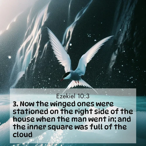 BasicEnglish Ezekiel  ; image nature: image with the bible verse :Now the winged ones were stationed on the right side of the house when the man went in; and the inner square was full of the cloud. ; Admire Bible images representing autumn, with swirling leaves, misty skies, and vibrant trees. These images inspire profound spiritual reflection. Download and share verses like KJV Ezekiel 10:3. Current verse is overlayed with the thematic nature scene : Arctic terns dive through sea spray above turquoise glacial meltwater. Their white wings flash silver against obsidian cliffs. ; 10:3