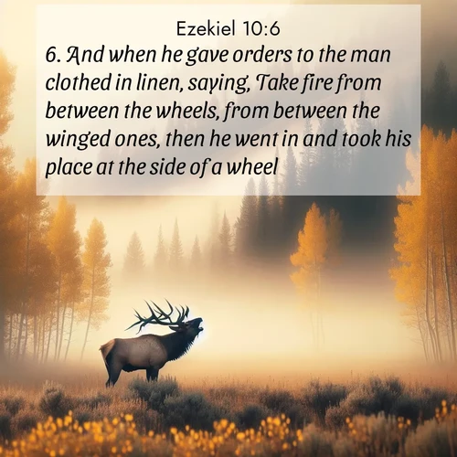 BasicEnglish Ezekiel  ; image nature: image with the bible verse :And when he gave orders to the man clothed in linen, saying, Take fire from between the wheels, from between the winged ones, then he went in and took his place at the side of a wheel. ; Explore serene Bible verse images adorned with photos of divine creation—tranquil beaches, snowy mountains, and starry skies. Each image is free to download and share. Verses include KJV Ezekiel 10:6. Current verse is overlayed with the thematic nature scene : A bull elk bugles across a misty valley. Aspen leaves quake golden in response. ; 10:6