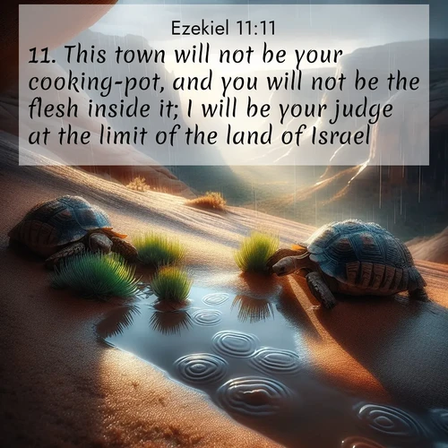BBE Ezekiel 11:11 overlaying nature image scene: Desert tortoises emerge after summer rains. Thunder echoes through hidden canyons.;11. This town will not be your cooking-pot, and you will not be the flesh inside it; I will be your judge at the limit of the land of Israel;