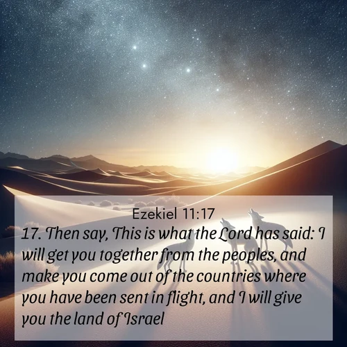 BBE Ezekiel 11:17 overlaying nature image scene: Desert coyotes sing to stars. Their voices echo through time.;17. Then say, This is what the Lord has said: I will get you together from the peoples, and make you come out of the countries where you have been sent in flight, and I will give you the land of Israel.