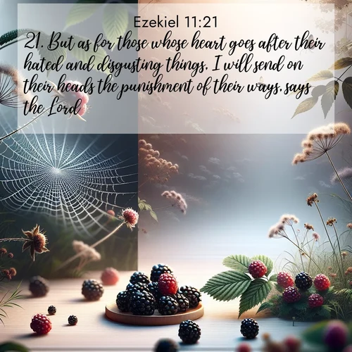 BBE Ezekiel 11:21 overlaying nature image scene: Wild blackberries ripen in secret hollows. Morning spider webs catch dew like diamonds.;21. But as for those whose heart goes after their hated and disgusting things, I will send on their heads the punishment of their ways, says the Lord.