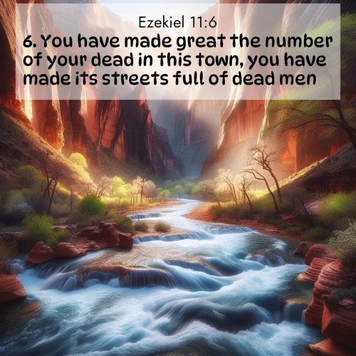 BBE Ezekiel 11:6 overlaying nature image scene: Spring floods transform a desert canyon into a rushing river.;6. You have made great the number of your dead in this town, you have made its streets full of dead men.