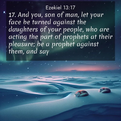 BBE Ezekiel 13:17 overlaying nature image scene: Northern lights dance across the frozen tundra in ribbons of green and purple. Snow falls silently on sleeping arctic foxes.;17. And you, son of man, let your face be turned against the daughters of your people, who are acting the part of prophets at their pleasure; be a prophet against them, and say,