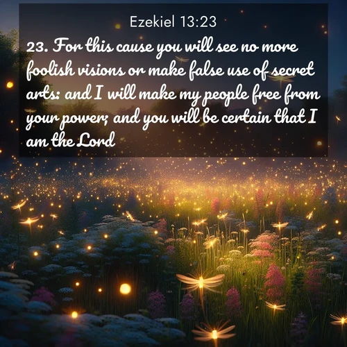 BBE Ezekiel 13:23 overlaying nature image scene: Fireflies dance above a spring meadow filled with singing crickets.;23. For this cause you will see no more foolish visions or make false use of secret arts: and I will make my people free from your power; and you will be certain that I am the Lord.