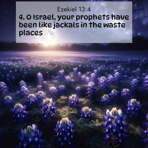 BBE Ezekiel 13:4 overlaying nature image scene: Moonlight illuminates a field of bluebonnets. A warm breeze carries their sweet fragrance across the prairie.;4. O Israel, your prophets have been like jackals in the waste places.
