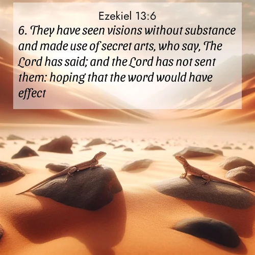BBE Ezekiel 13:6 overlaying nature image scene: Desert lizards bask on sun-hot rocks. Heat mirages dance like water.;6. They have seen visions without substance and made use of secret arts, who say, The Lord has said; and the Lord has not sent them: hoping that the word would have effect.
