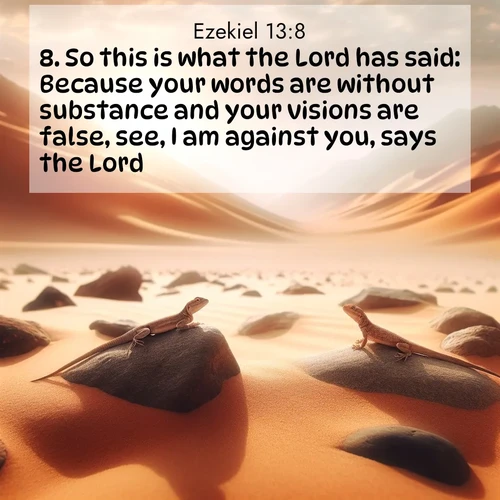 BBE Ezekiel 13:8 overlaying nature image scene: Desert lizards bask on sun-hot rocks. Heat mirages dance like water.;8. So this is what the Lord has said: Because your words are without substance and your visions are false, see, I am against you, says the Lord.