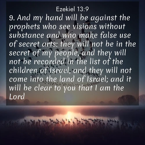 BBE Ezekiel 13:9 overlaying nature image scene: Wild geese arrow through dawn sky. Their calls wake sleeping marshes.;9. And my hand will be against the prophets who see visions without substance and who make false use of secret arts: they will not be in the secret of my people, and they will not be recorded in the list of the children of Israel, and they will not come into the land of Israel; and it will be clear to you that I am the Lord.
