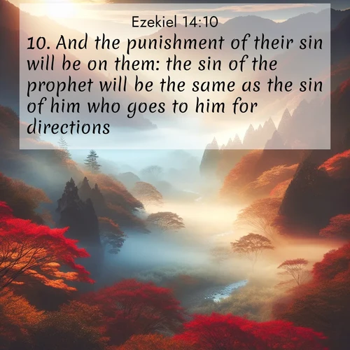 BasicEnglish Ezekiel  ; image nature: image with the bible verse :And the punishment of their sin will be on them: the sin of the prophet will be the same as the sin of him who goes to him for directions; ; Discover inspiring Bible verse images featuring natural wonders like lush forests, sunny horizons, and cascading waterfalls. Perfect for wallpapers or spiritual encouragement. Download verses like KJV Ezekiel 14:10. Current verse is overlayed with the thematic nature scene : Autumn mist rises from a valley dotted with red and gold maples. ; 14:10