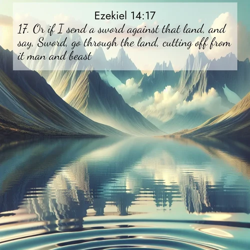 BasicEnglish Ezekiel  ; image nature: image with the bible verse :Or if I send a sword against that land, and say, Sword, go through the land, cutting off from it man and beast: ; Discover beautiful Bible verse images enriched with natural landscapes, from serene beaches to cascading waterfalls. All images are free and ready to download. Share verses such as KJV Ezekiel 14:17. Current verse is overlayed with the thematic nature scene : Mountain lakes mirror perfect peaks. Wind ripples shatter reflections. ; 14:17