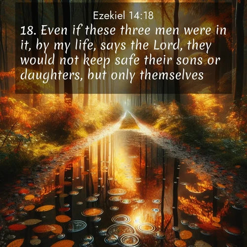 BasicEnglish Ezekiel  ; image nature: image with the bible verse :Even if these three men were in it, by my life, says the Lord, they would not keep safe their sons or daughters, but only themselves. ; Explore Bible verses paired with beach photos, where waves gently crash on the sand and the sky glows with pastel hues at sunset. These scenes convey deep serenity. Download verses like KJV Ezekiel 14:18. Current verse is overlayed with the thematic nature scene : Autumn colors reflect in rain puddles on a forest path. ; 14:18