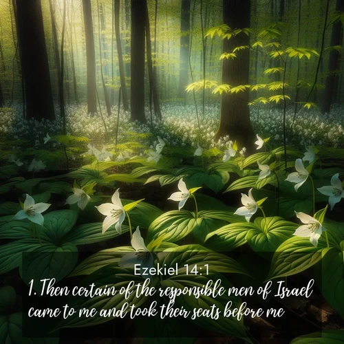 BasicEnglish Ezekiel  ; image nature: image with the bible verse :Then certain of the responsible men of Israel came to me and took their seats before me. ; Explore a stunning collection of Bible verse images featuring picturesque scenery like sun-drenched meadows, tranquil lakes, and majestic forests. All images are free to download and share. Verses include KJV Ezekiel 14:1. Current verse is overlayed with the thematic nature scene : Wild trillium carpets the forest floor. Sunlight filters green through new spring leaves. ; 14:1