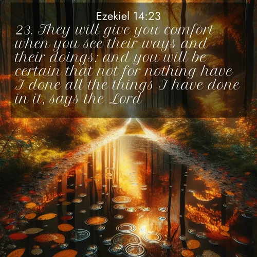 BasicEnglish Ezekiel  ; image nature: image with the bible verse :They will give you comfort when you see their ways and their doings: and you will be certain that not for nothing have I done all the things I have done in it, says the Lord. ; Discover breathtaking Bible verse images combined with vibrant landscapes like rolling hills, blooming gardens, and starry nights. Use them as wallpapers or to inspire others. Download verses like KJV Ezekiel 14:23. Current verse is overlayed with the thematic nature scene : Autumn colors reflect in rain puddles on a forest path. ; 14:23