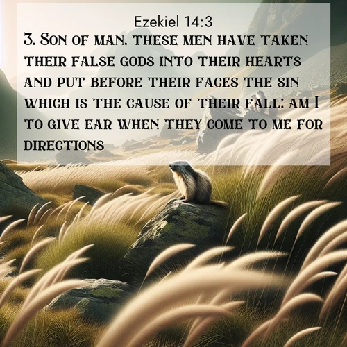 BasicEnglish Ezekiel  ; image nature: image with the bible verse :Son of man, these men have taken their false gods into their hearts and put before their faces the sin which is the cause of their fall: am I to give ear when they come to me for directions? ; Dive into our collection of Bible verse images beautifully illustrated with beach photos, featuring gentle waves, sunsets over the sea, and sandy shores. These scenes evoke the peace and majesty of God. Download and share inspiring verses like KJV Ezekiel 14:3. Current verse is overlayed with the thematic nature scene : Mountain meadow grasses bend in alpine wind. Marmots whistle warnings from rocky outcrops. ; 14:3
