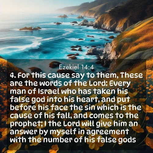 BasicEnglish Ezekiel  ; image nature: image with the bible verse :For this cause say to them, These are the words of the Lord: Every man of Israel who has taken his false god into his heart, and put before his face the sin which is the cause of his fall, and comes to the prophet; I the Lord will give him an answer by myself in agreement with the number of his false gods; ; Explore a collection of inspiring Bible verse images accompanied by winter photos, such as snowy landscapes, frosted trees, and frozen lakes. These images reflect the peace and purity of God&#039;s creation, with elegant fonts and luminous colors. Download and share verses like KJV Ezekiel 14:4. Current verse is overlayed with the thematic nature scene : Wild mustard flowers carpet coastal cliffs. Pacific waves provide endless percussion below. ; 14:4