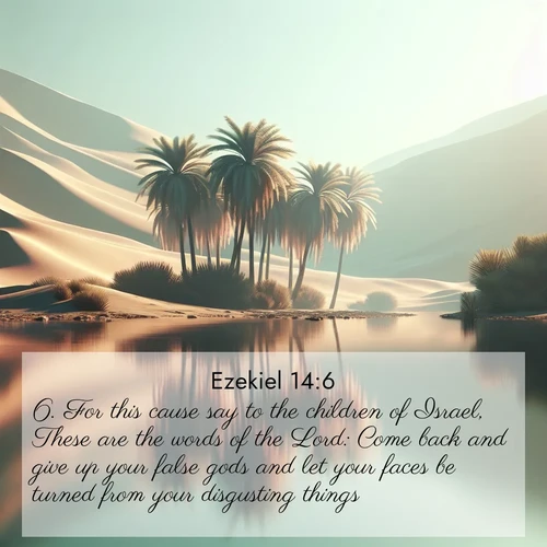 BasicEnglish Ezekiel  ; image nature: image with the bible verse :For this cause say to the children of Israel, These are the words of the Lord: Come back and give up your false gods and let your faces be turned from your disgusting things. ; Admire Bible verse images illustrated by desert scenes, such as sunsets over dunes, majestic rocks, and solitary cacti. These images capture the majesty of God in arid places. Download and share verses like KJV Ezekiel 14:6. Current verse is overlayed with the thematic nature scene : A desert oasis shimmers in the midday heat, palm fronds rustling above still waters. ; 14:6