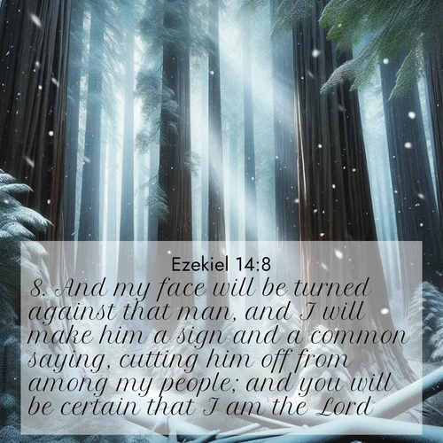 BasicEnglish Ezekiel  ; image nature: image with the bible verse :And my face will be turned against that man, and I will make him a sign and a common saying, cutting him off from among my people; and you will be certain that I am the Lord. ; Admire our autumnal collection of Bible verse images accompanied by photos of paths lined with red and yellow leaves, fiery forests, and calm rivers. These images inspire reflection and serenity. Share verses like KJV Ezekiel 14:8. Current verse is overlayed with the thematic nature scene : Snow falls silently on ancient redwoods. Shafts of light pierce through to illuminate the forest floor. ; 14:8